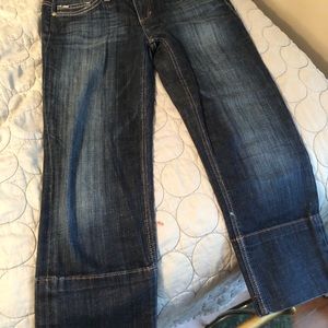 Joe’s dark blue cropped jeans. Lightly worn but still in great shape!